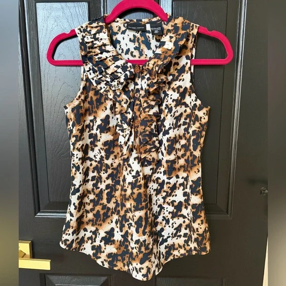 New York & Company Sleeveless Ruffle Leopard-Print Blouse - Tan & Black - Picture 6 of 9